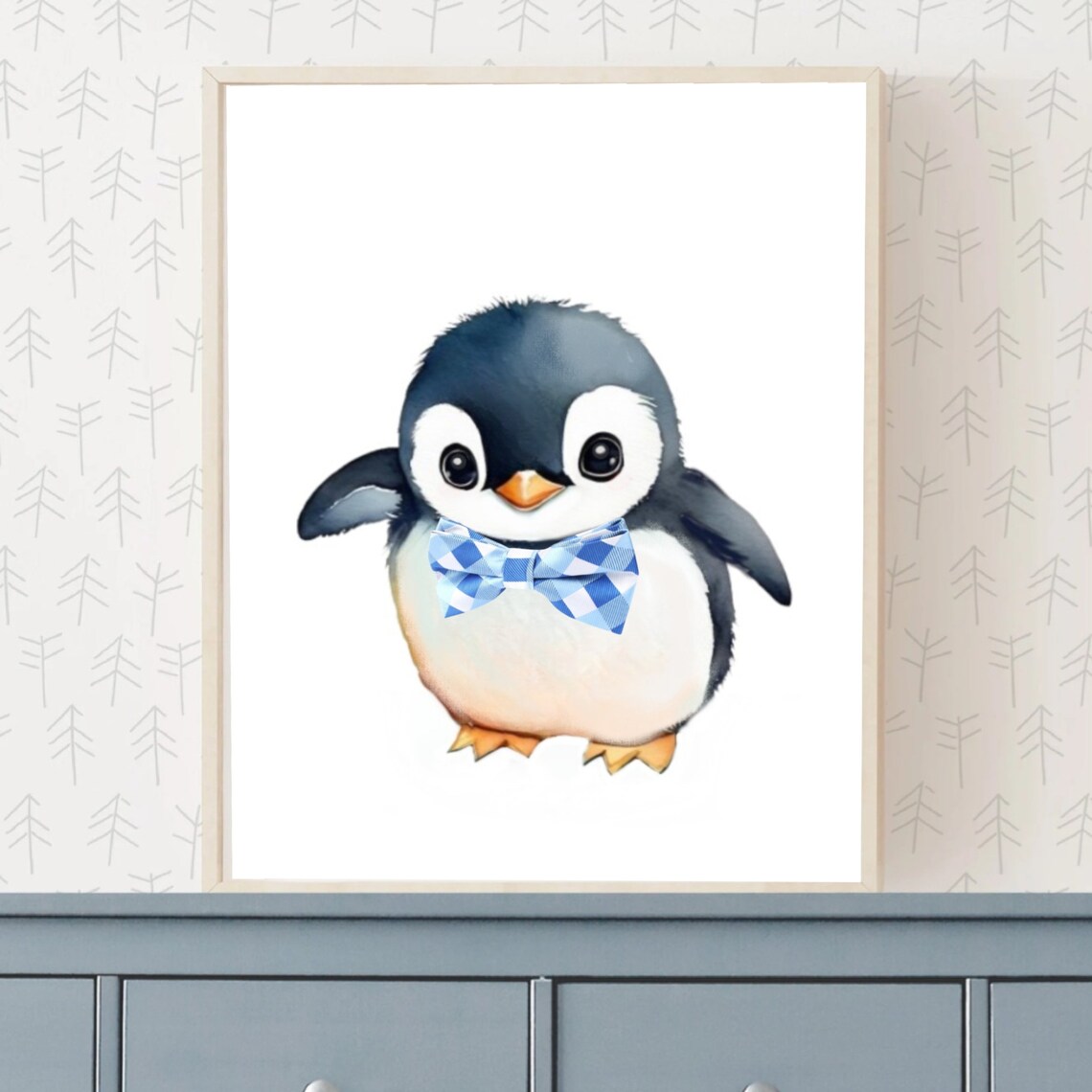 Penguin Bow Tie Watercolor Cute Bird Nursery Baby Shower Poster - Image 2