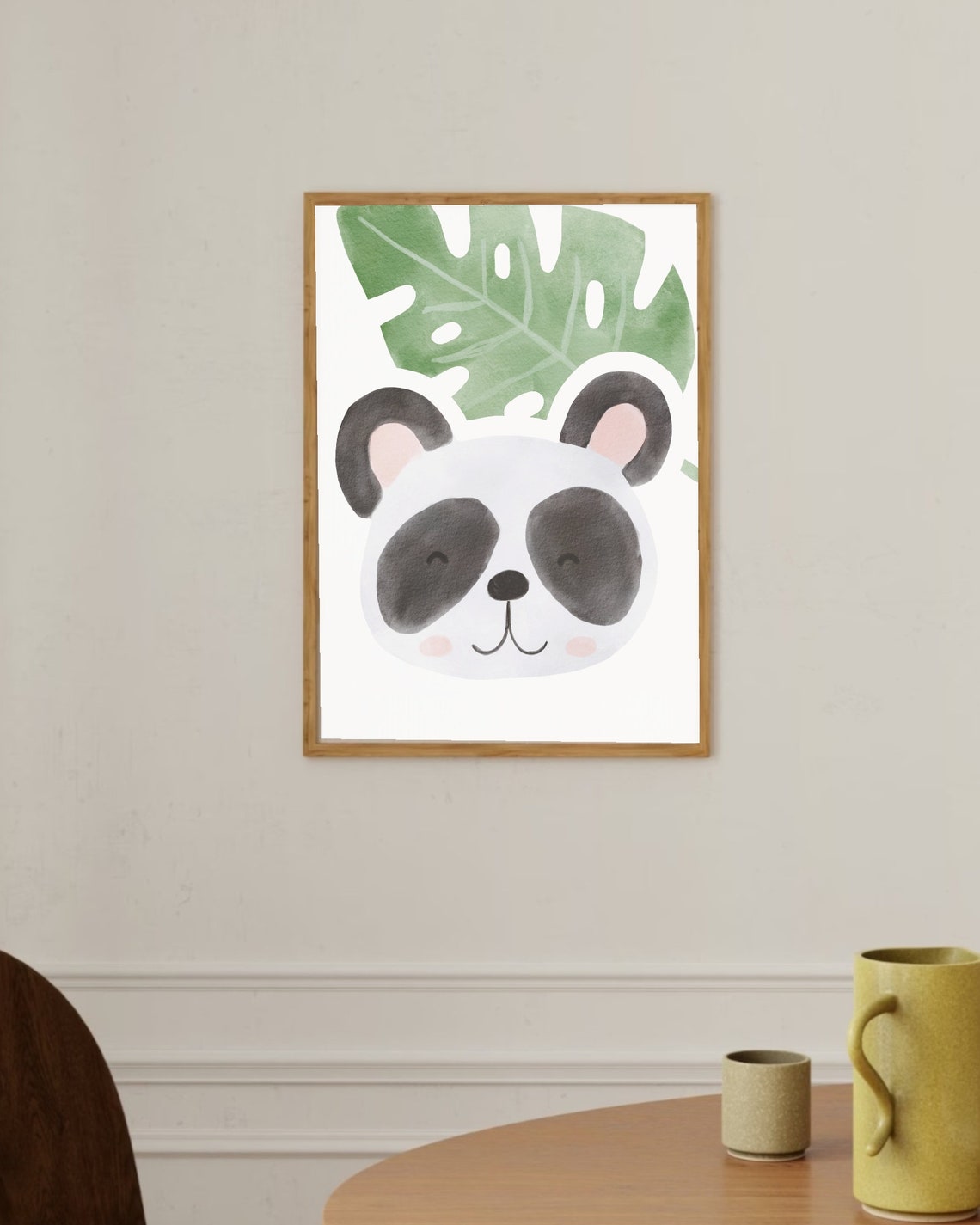 Cute Panda Face Monstera Leaf Minimalist Nursery Room Art Poster - Image 2