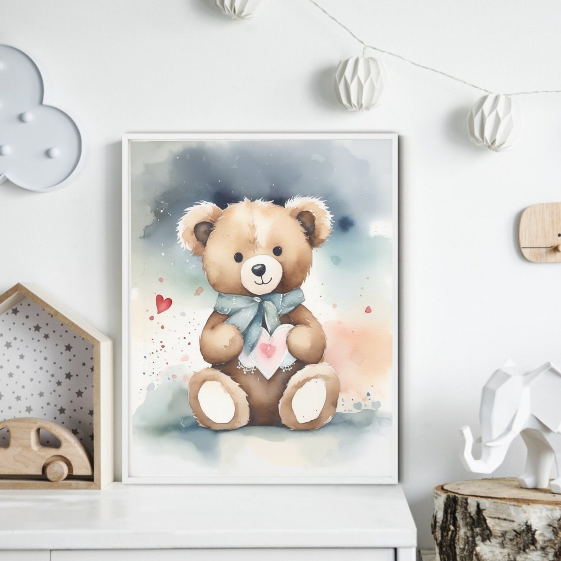 Teddy Bear Holding Heart Blue Bow Watercolor Nursery Wall Poster - Image 2