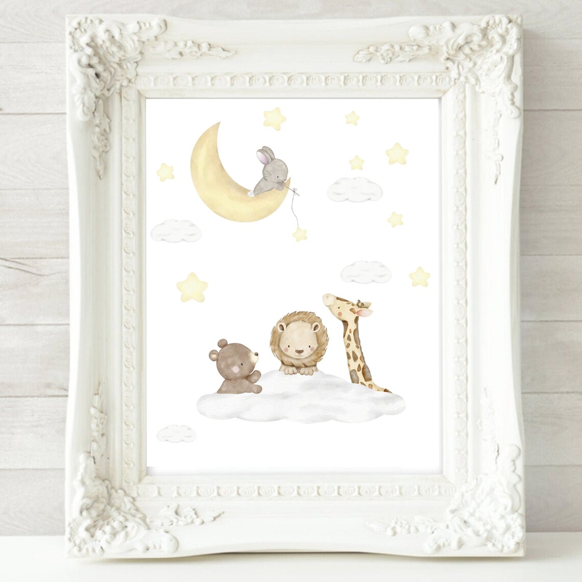 Safari Friends Moon Stars Watercolor Bear Lion Giraffe Bunny Poster - Image 2