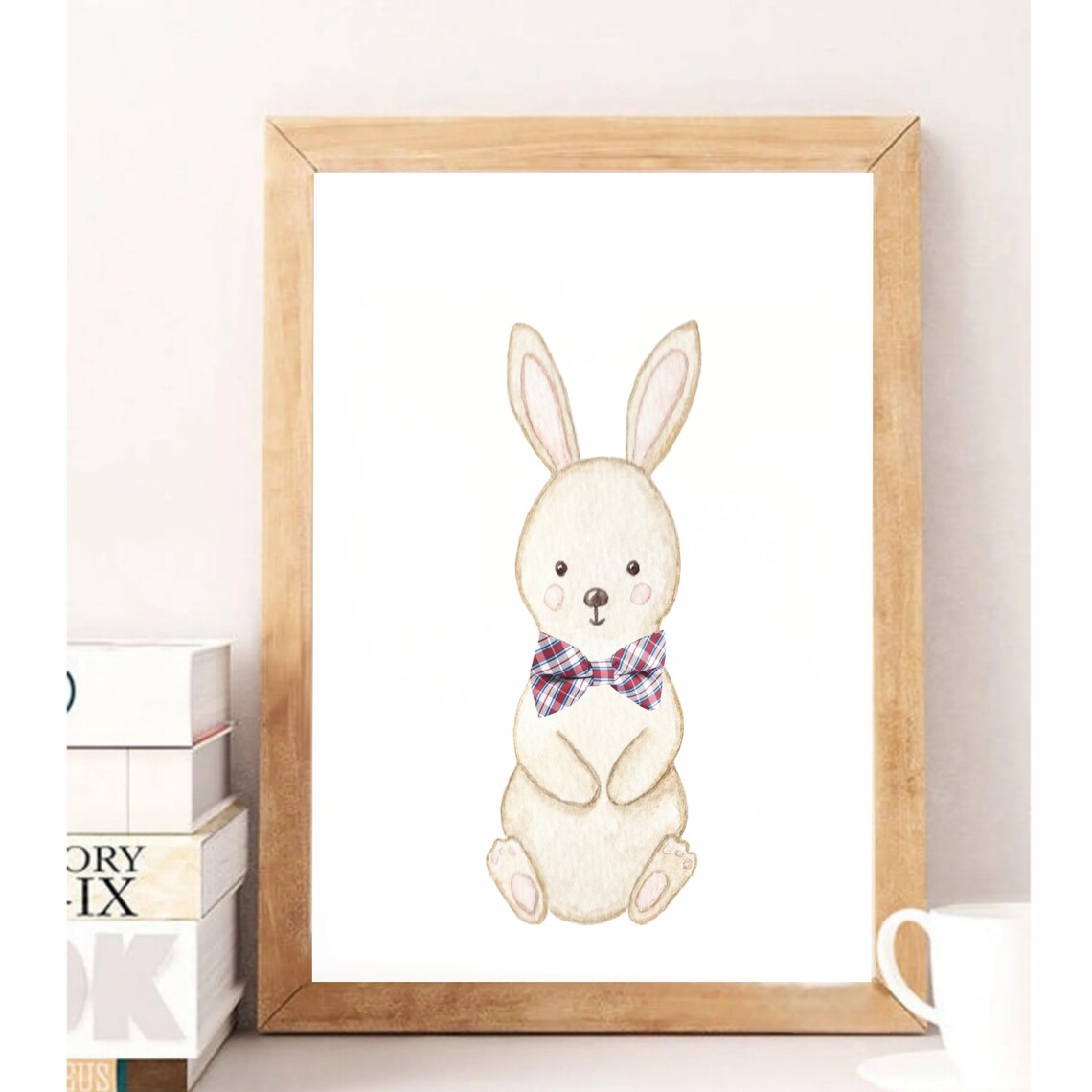 Bunny Wearing Red Plaid Bow Tie Cute Watercolor Nursery Poster - Image 2