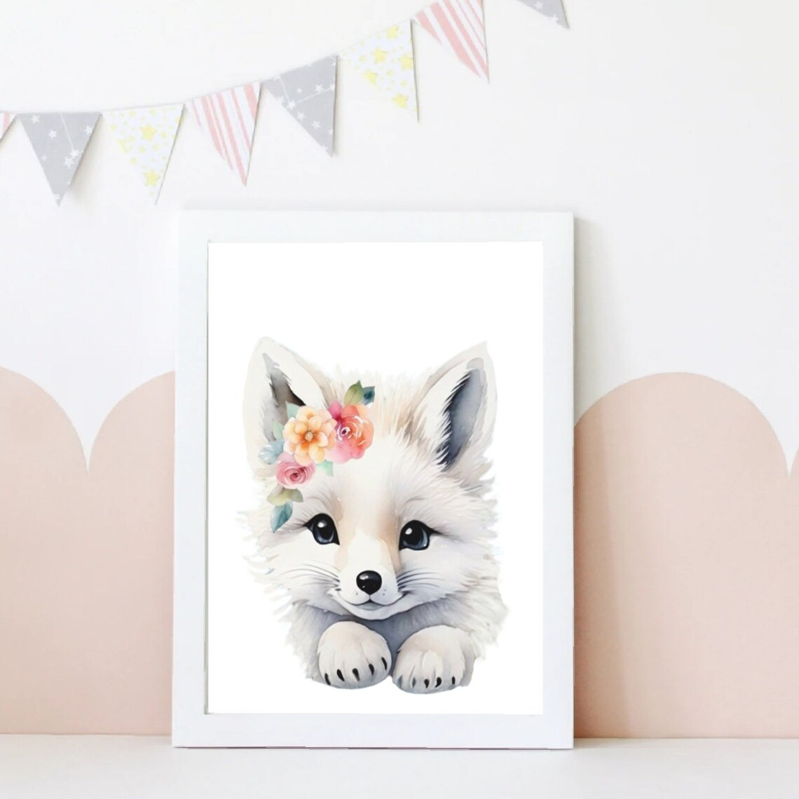 White Arctic Fox Flower Crown Watercolor Baby Animal Nursery Poster - Image 2