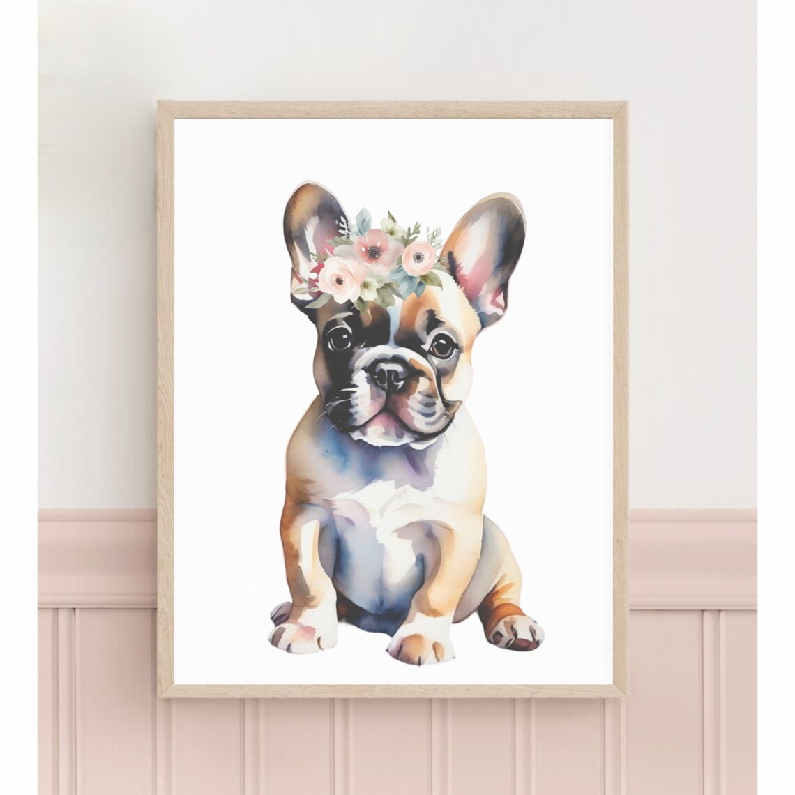 French Bulldog Puppy With Pink Flower Crown Girls Nursery Watercolor Poster - Image 2