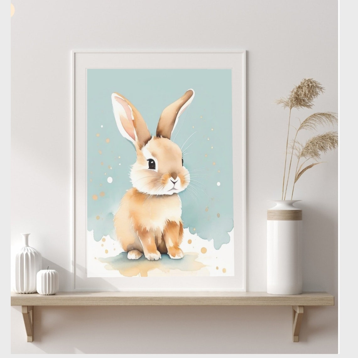 Cute Watercolor Bunny Rabbit Mint Background Gold Dots Nursery Poster - Image 2