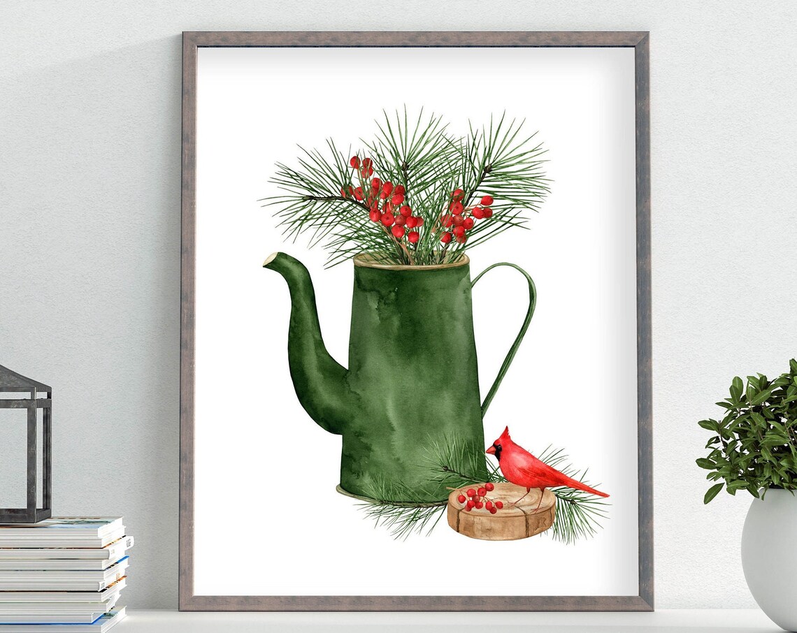 Green Coffee Pot Pine Berries Red Cardinal Winter Woodland Wall Art