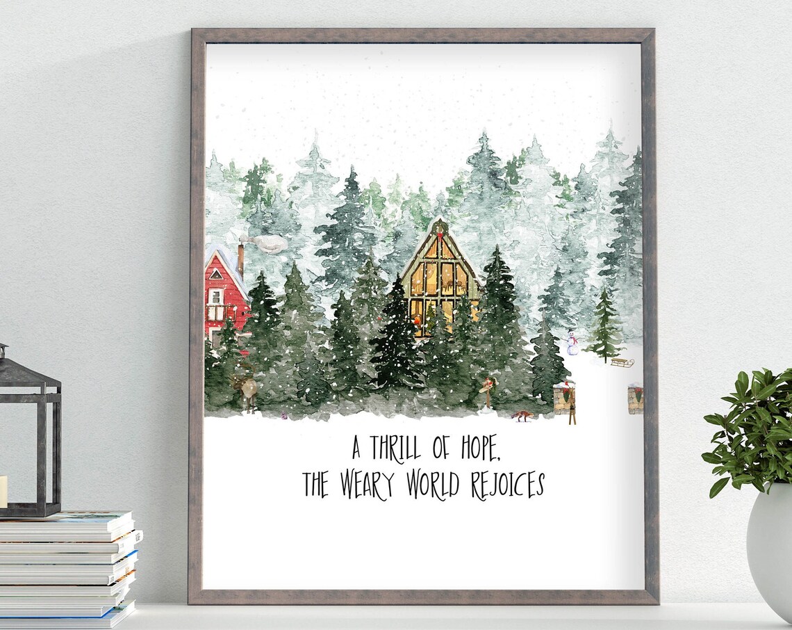A Thrill Of Hope The Weary World Rejoices 5x7 8x10 11x14 16x20 Woodland Wall Art Rustic Sign Winter Cabin Christmas Diy Decor