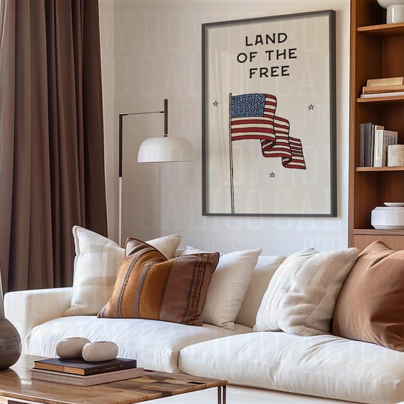 Land Of The Free Flag Western Vintage Style Prints Minimalist Neutral Colors Trendy Wall Art Posters