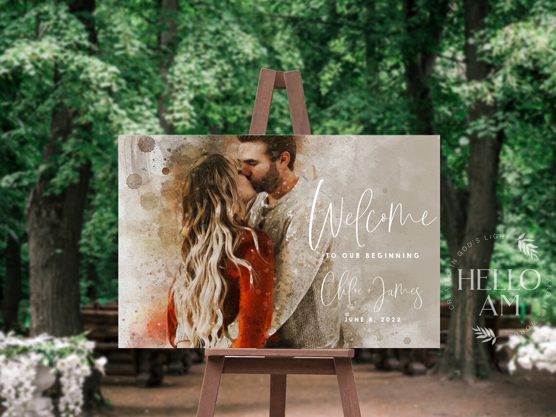 Personalized Watercolor Couple Portrait Wedding Sign - Image 3