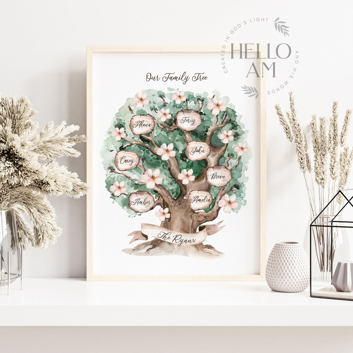 Personalized Watercolor Family Tree Blossom Branches Names Art Poster - Image 2