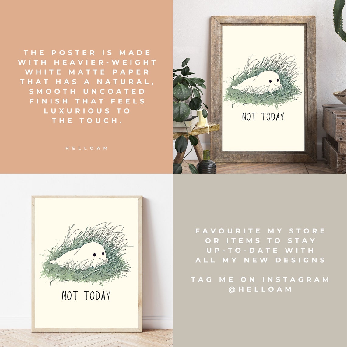 Cute Ghost Resting in Grass Not Today Funny Minimalist Ghost Wall Art - Image 4