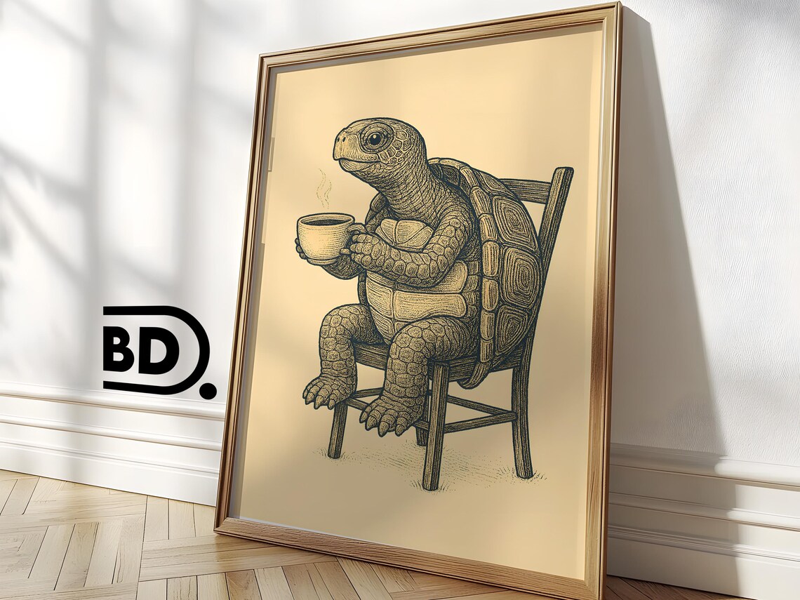 Tortoise Drinking Coffee Vintage Etching Style Quirky Kitchen Wall Art - Image 3