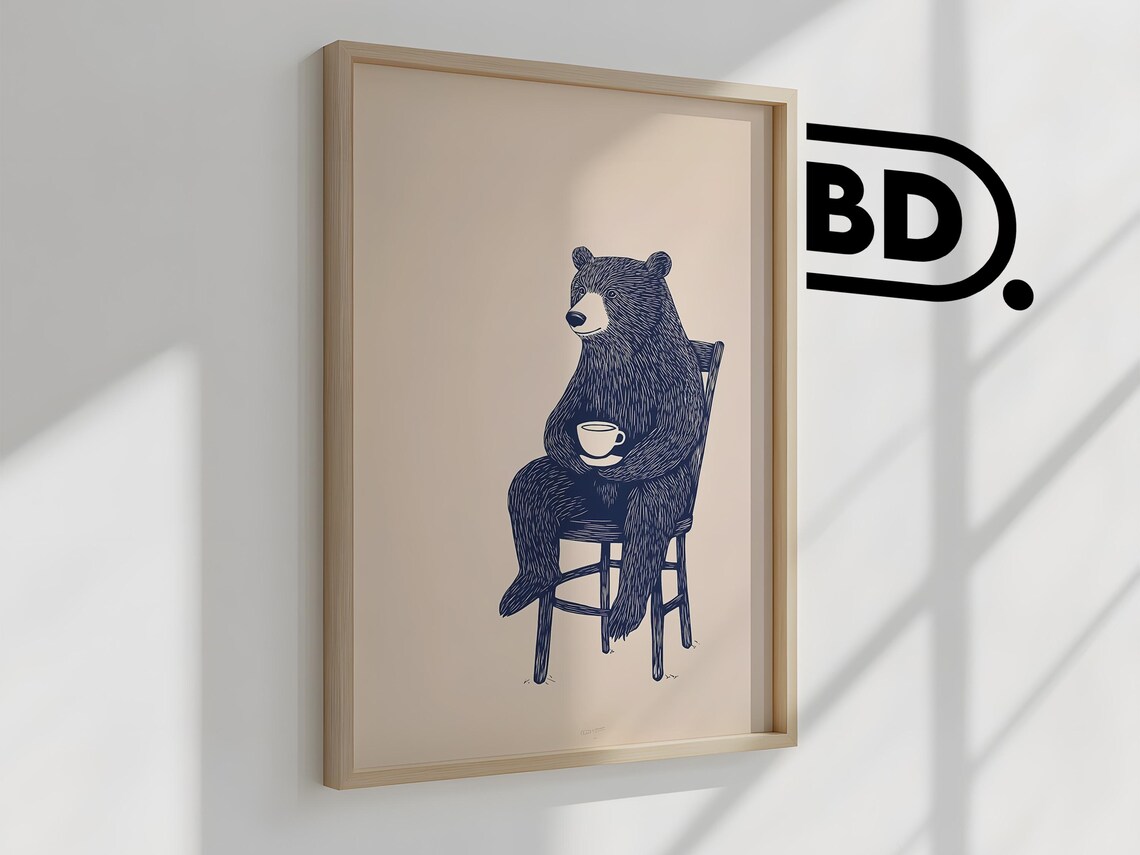Quirky Bear Sitting With Teacup Navy Ink Illustration Kitchen Poster - Image 2