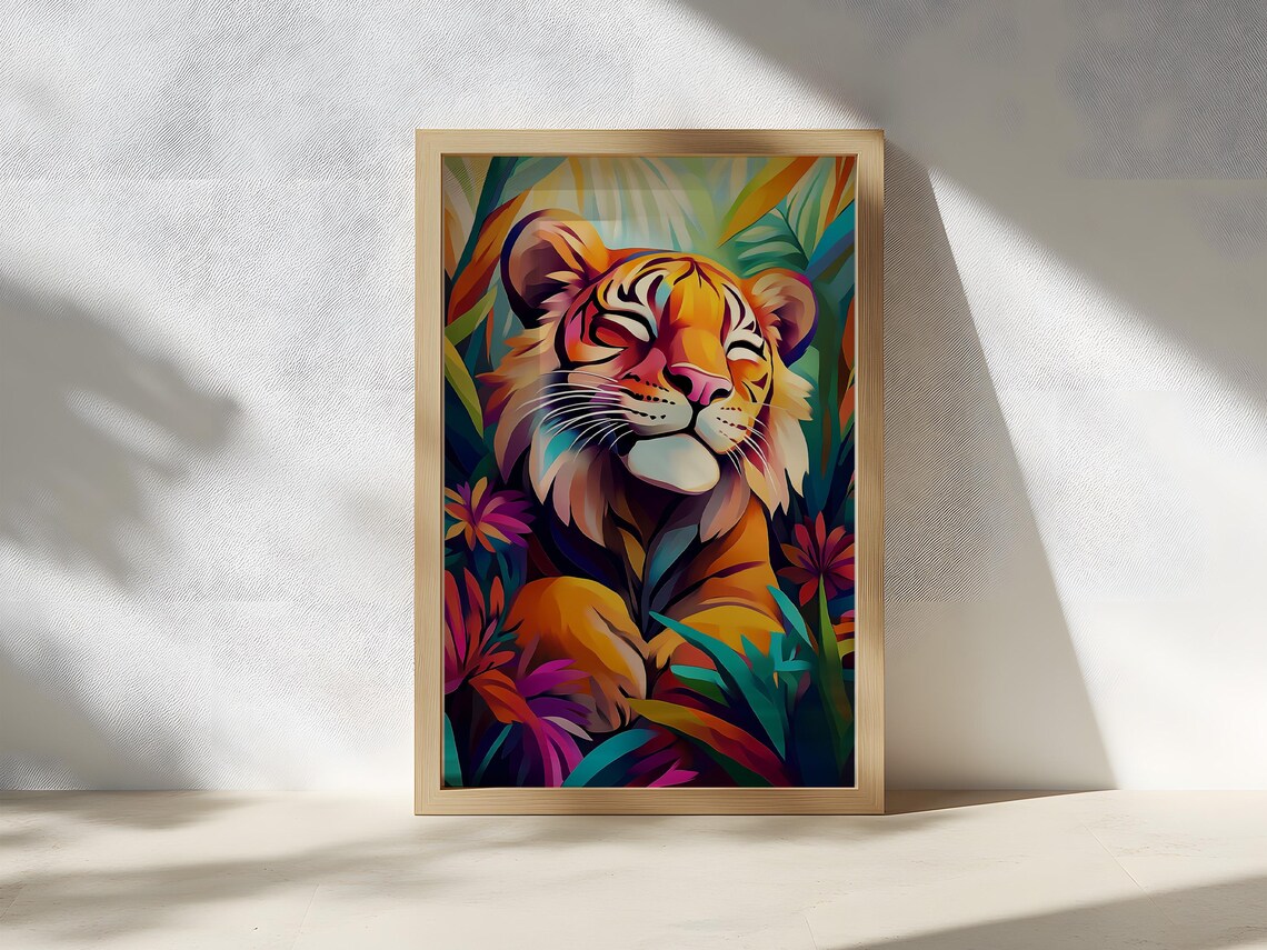 Smiling Tiger Colorful Jungle Floral Animal Portrait Wall Art - Image 2