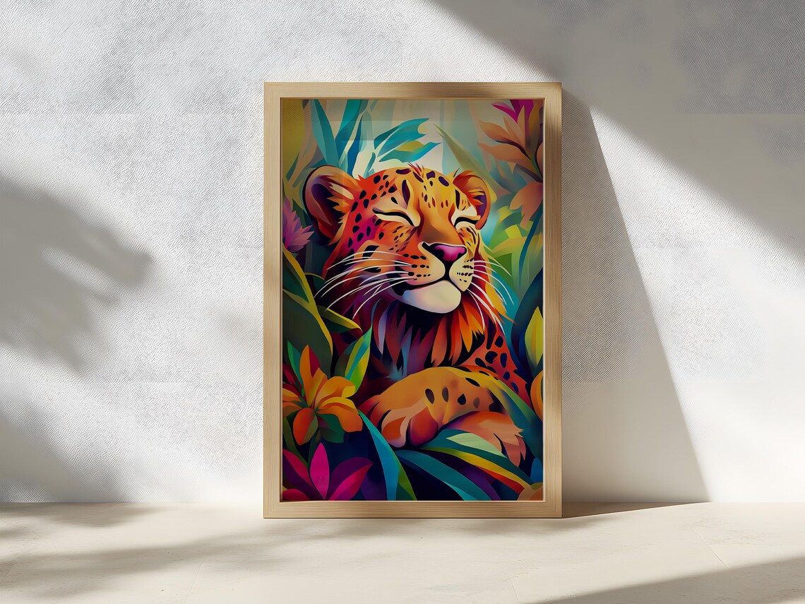 Sleepy Leopard Cub in a Tropical Flower Jungle Portrait Poster - Image 2