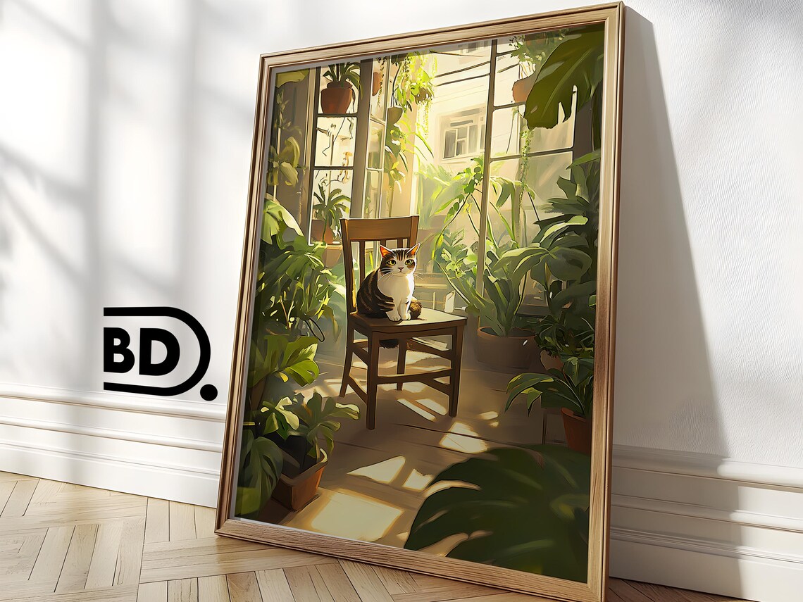 Tabby Cat on a Chair Sunlit Plant Room Cozy Illustration Poster - Image 3