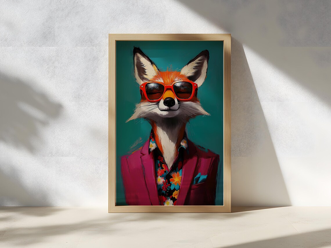 Cool Fox in Red Sunglasses and Pink Suit Quirky Portrait Poster - Image 2