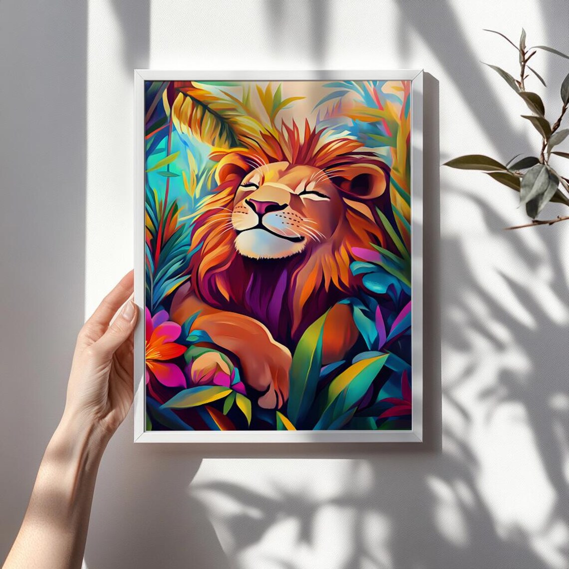 Smiling Lion Colorful Jungle Floral Portrait Animal Wall Art - Image 3