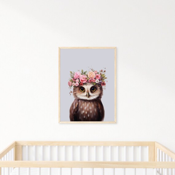 Baby Owl with Floral Crown Watercolor Whimsical Nursery Girls Room Poster