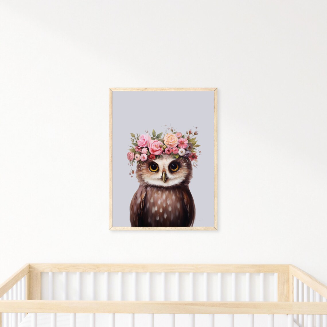 Baby Owl with Floral Crown Watercolor Whimsical Nursery Girls Room Poster