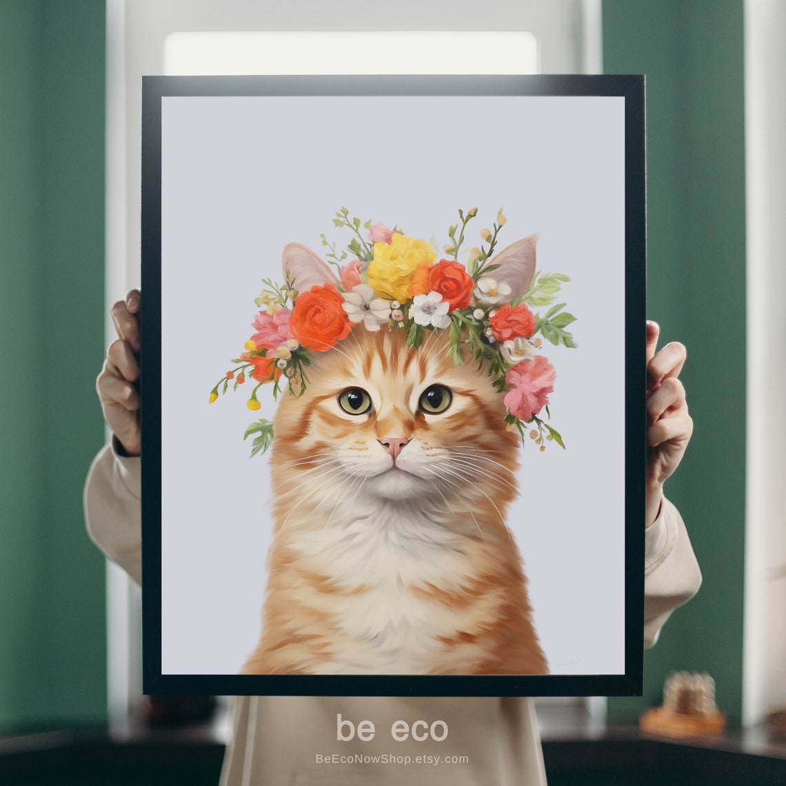 Orange Tabby Cat Floral Crown Print Nursery Animal Art