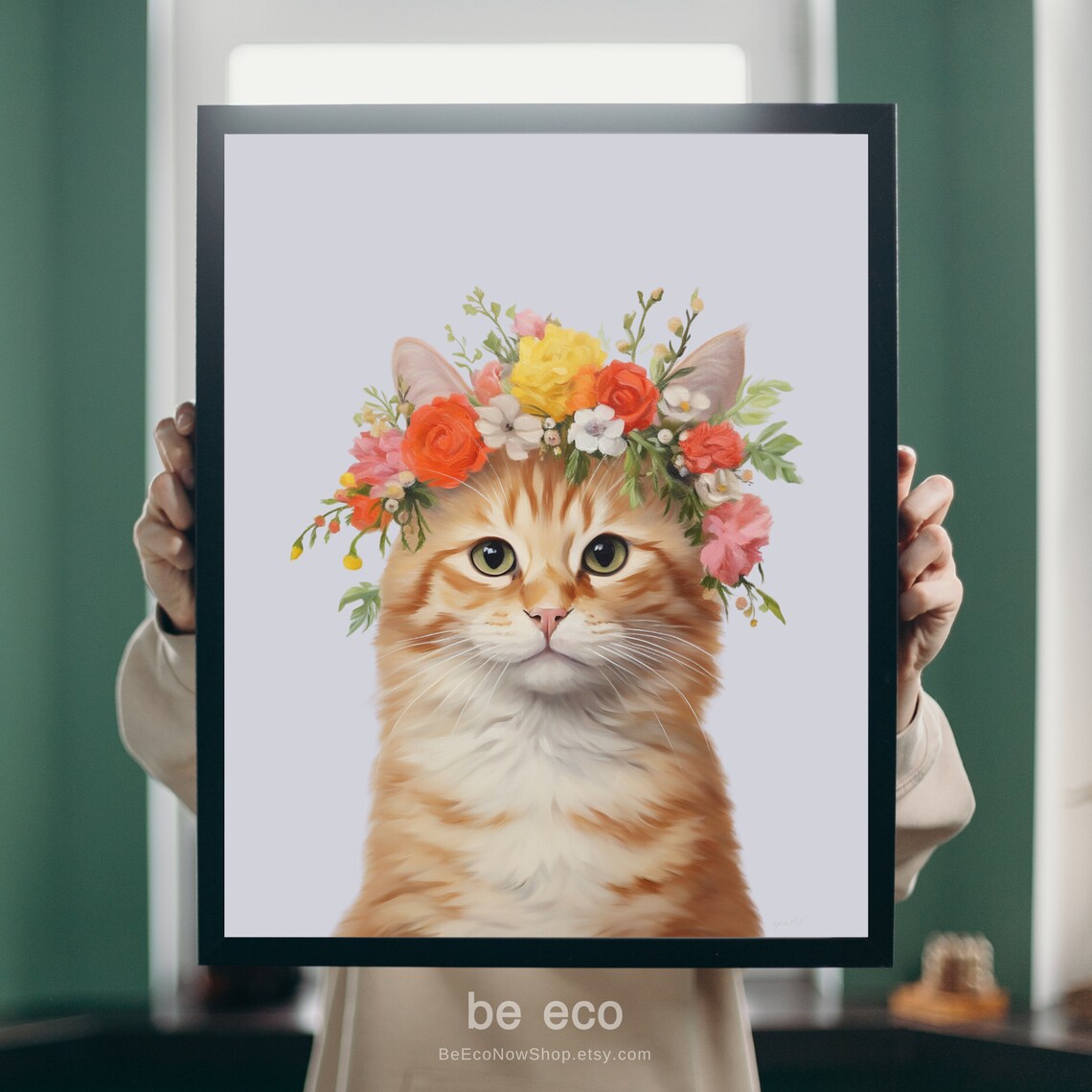 Orange Tabby Cat Flower Crown Nursery Animal Portrait Poster