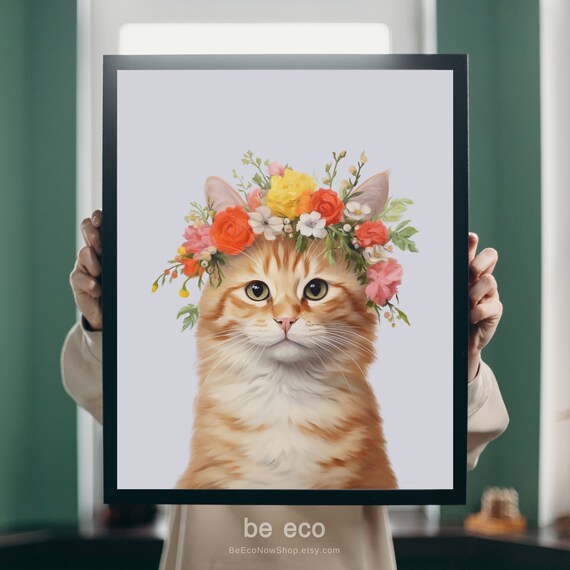 Orange Tabby Cat Floral Crown Print Nursery Animal Art