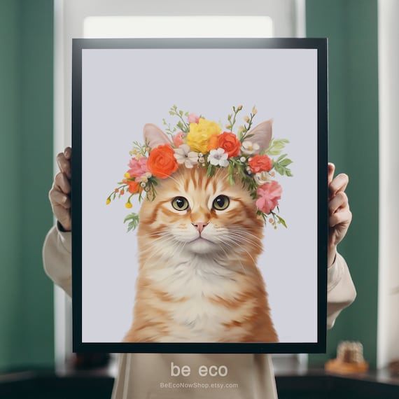 Orange Tabby Cat Flower Crown Nursery Animal Portrait Poster