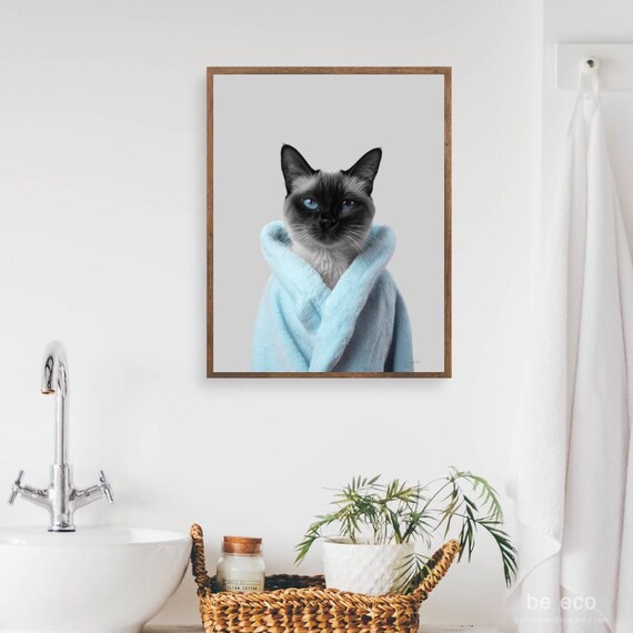 Siamese Cat In Blue Towel Funny Animal Bathroom Decor Poster