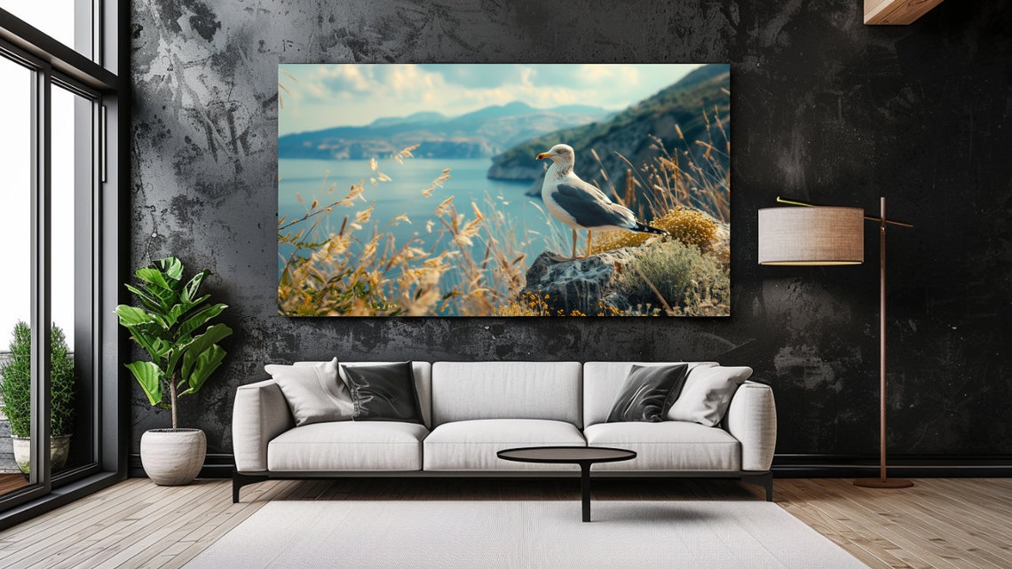 Seagull On Rocky Outcrop Above Blue Bay Golden Grass Wall Art