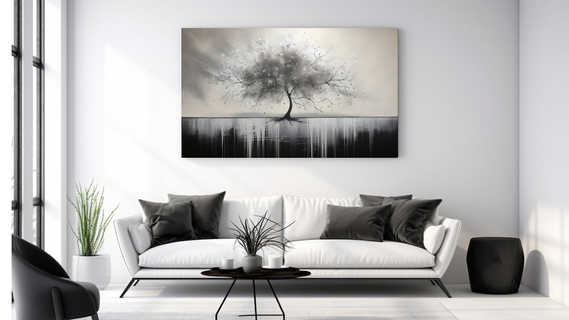 Lone Tree By Water Black White Gray Monochrome Serene Modern Wall Art