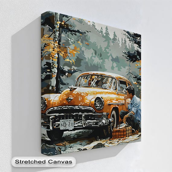 Orange Vintage Classic Car Autumn Forest Roadside Scene Poster