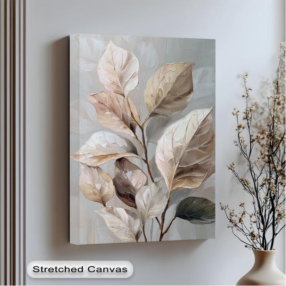 Neutral Leaf Canvas Wall Art Anthracite Frame Minimalist Botanical Decor