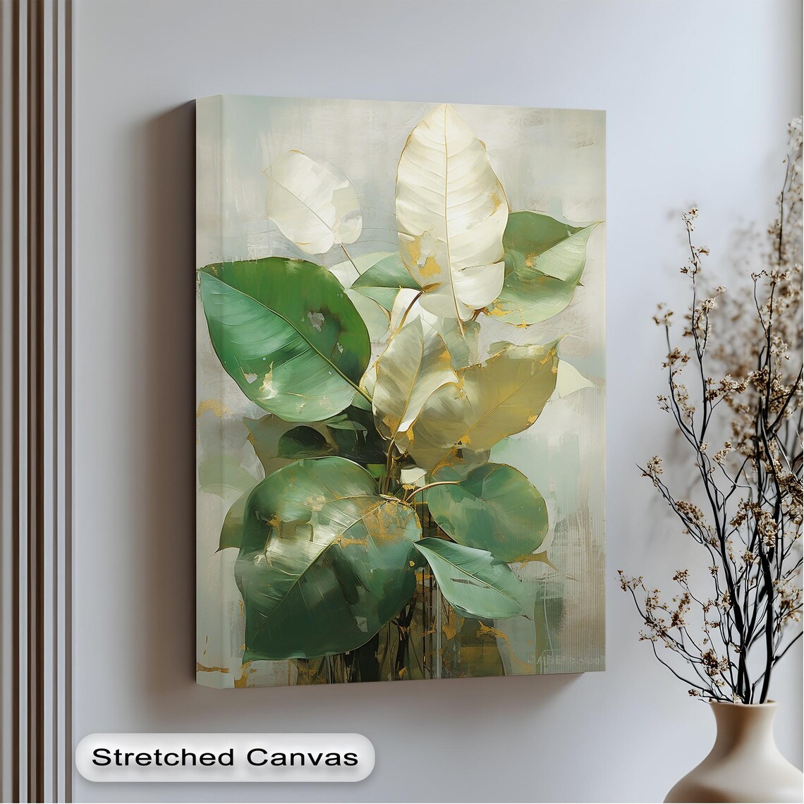 Ficus Leaf Canvas Print Anthracite Frame Tropical Green Gold Botanical Art