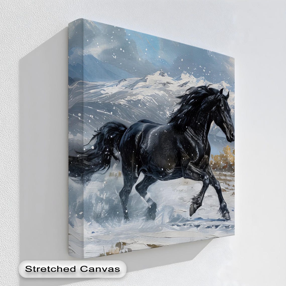 Black Horse Running Snowy Mountains Winter Wild Freedom Wall Art