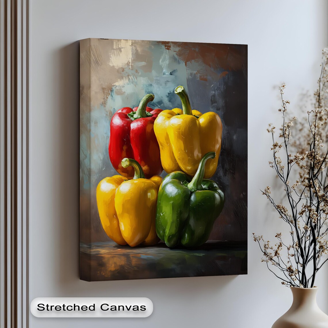 Colorful Bell Peppers Red Yellow Green Oil Painting Rustic Kitchen Art Poster