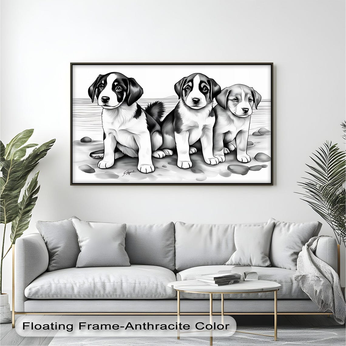 Three Puppies Black And White Sketch Poster Beach Shore Dog Art