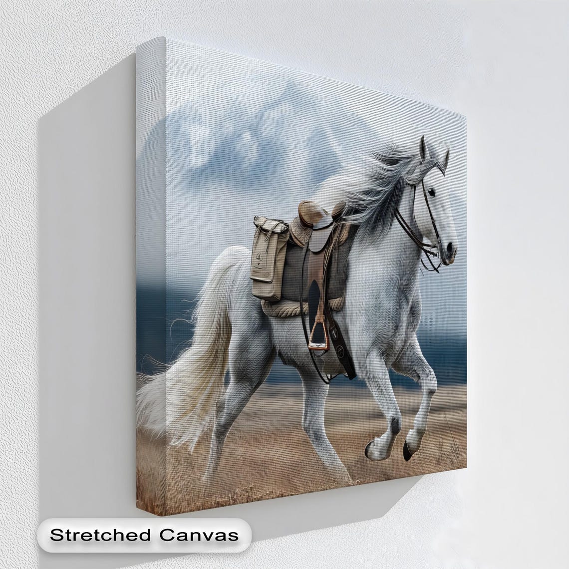 White Horse Running Mountains Saddled Western Equestrian Art Print