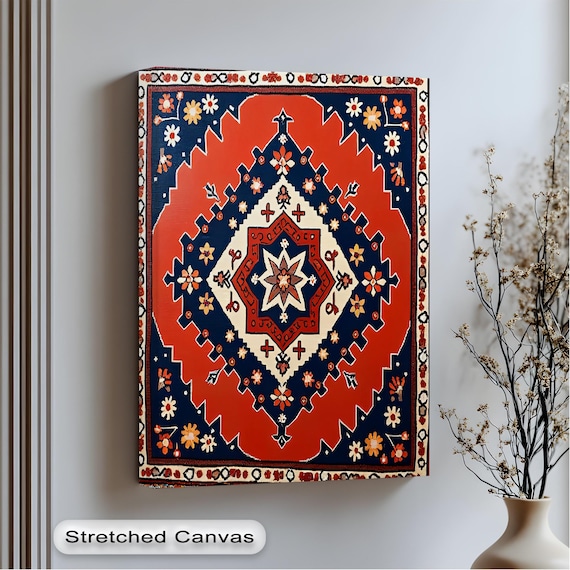 Turkish Rug Red Navy Medallion Floral Pattern Decorative Art Print