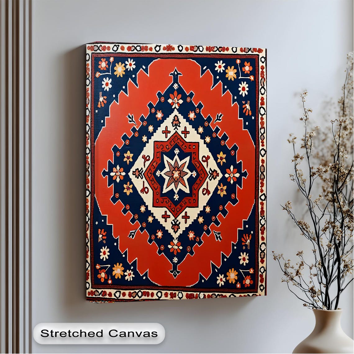 Turkish Rug Red Navy Medallion Floral Pattern Decorative Art Print