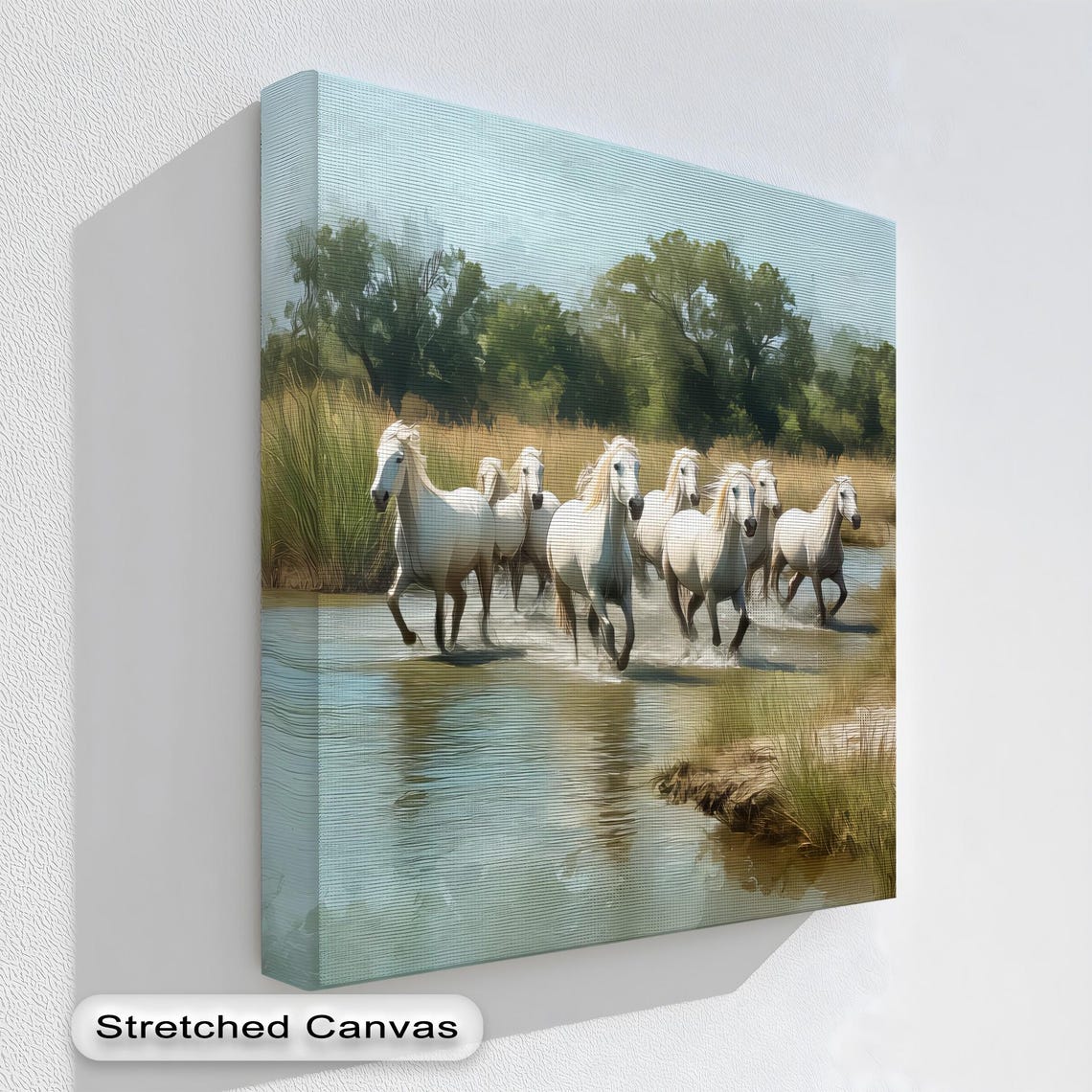Wild White Horses Running Through Water River Crossing Canvas Wall Art