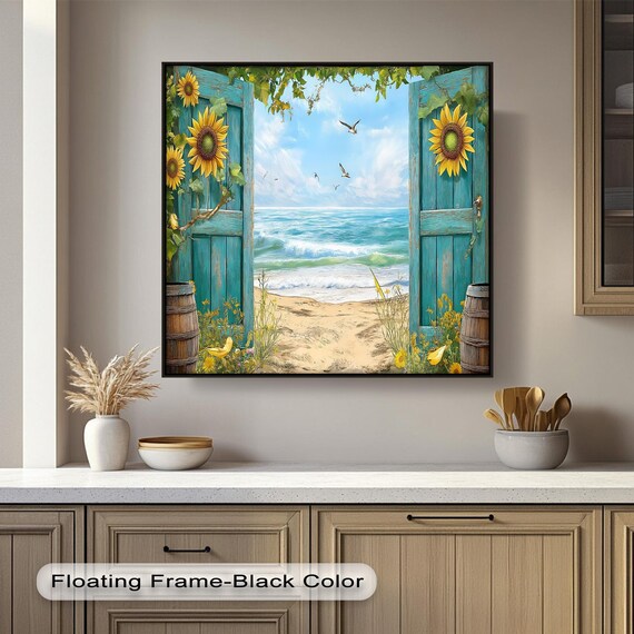 Sunflower Beach Door Rustic Coastal Ocean Scene Canvas Wall Art