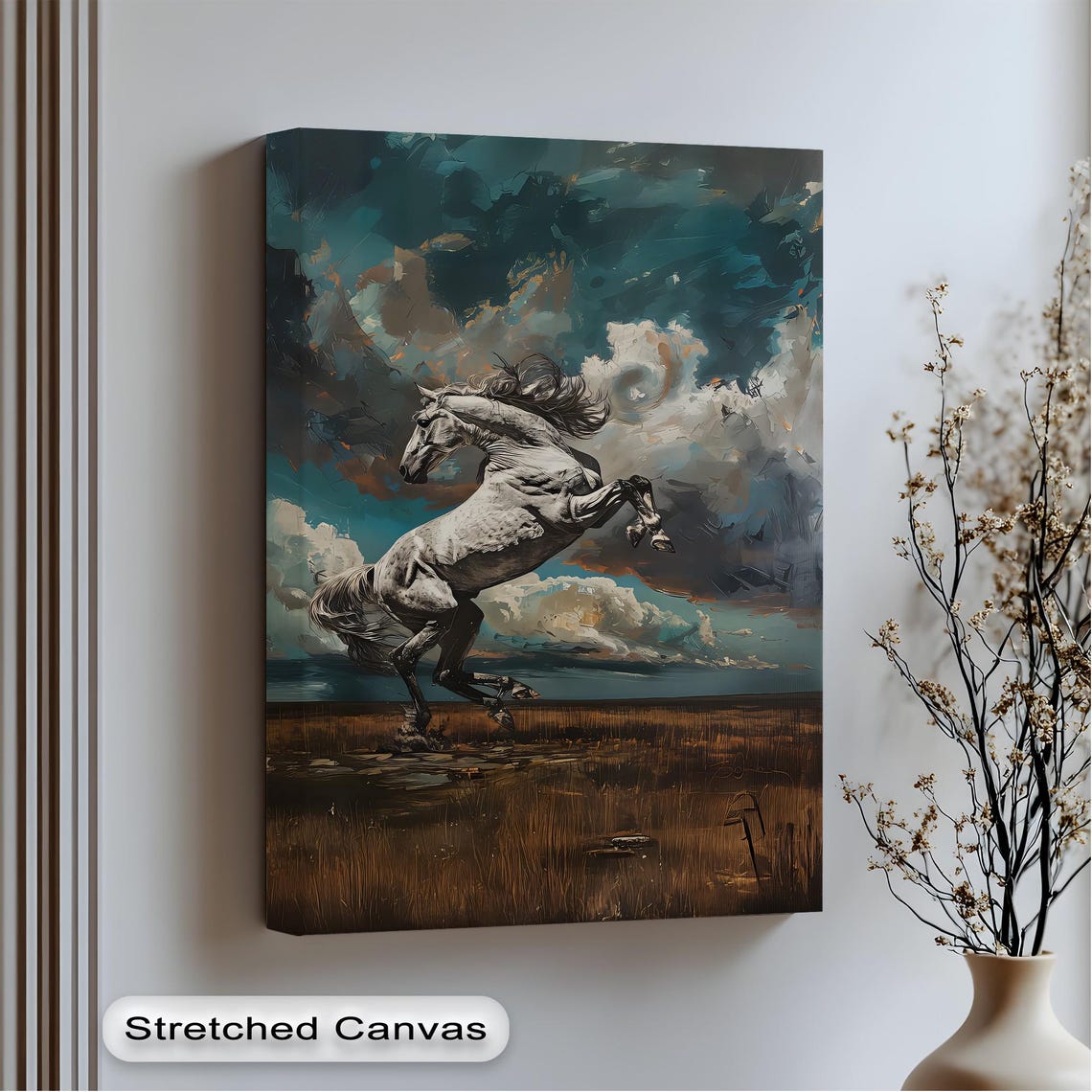 White Stallion Rearing Stormy Sky Dramatic Oil Paint Horse Poster