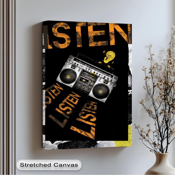 Listen Boombox Graffiti Urban Street Art Bold Black Orange Canvas Poster