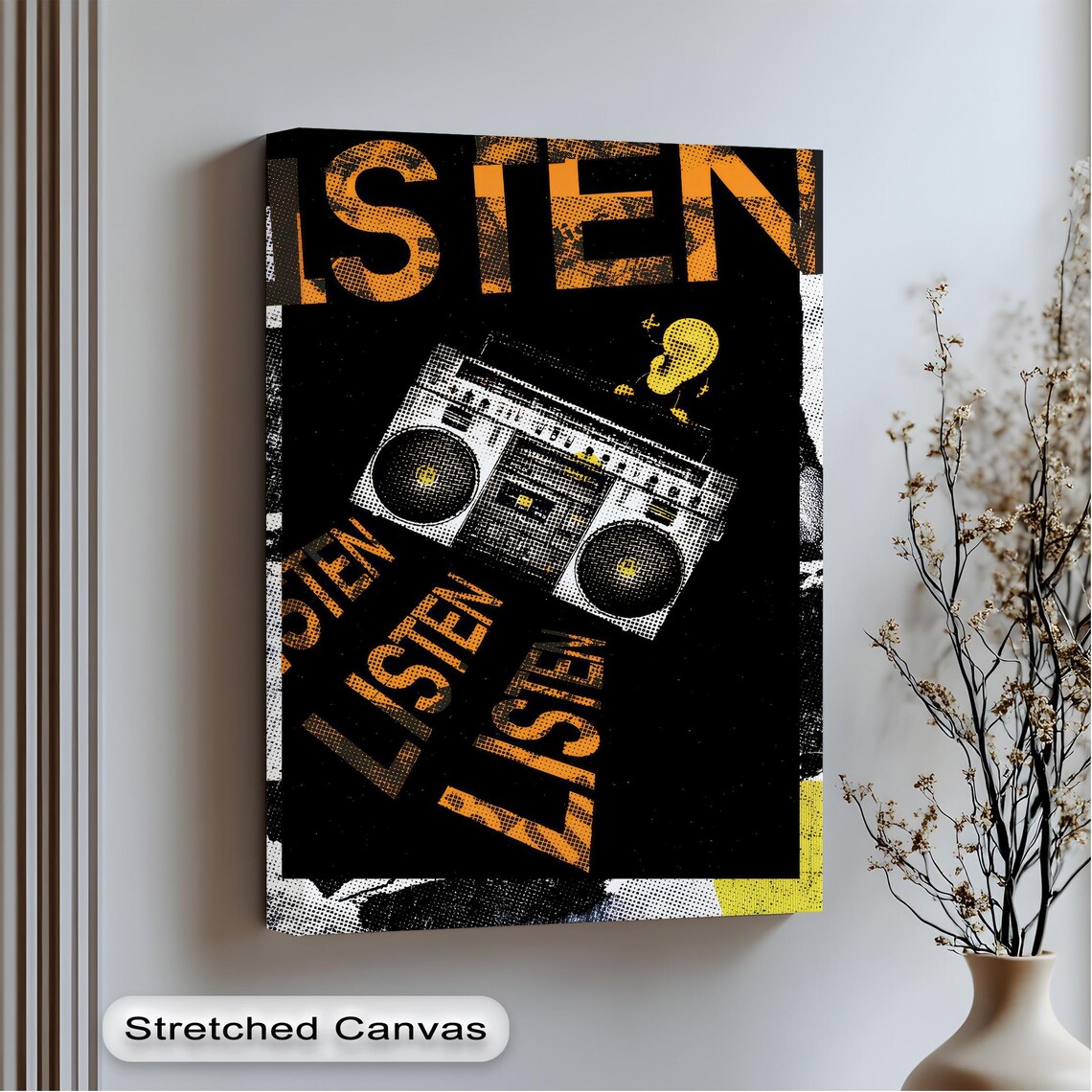 Listen Boombox Graffiti Urban Street Art Bold Black Orange Canvas Poster