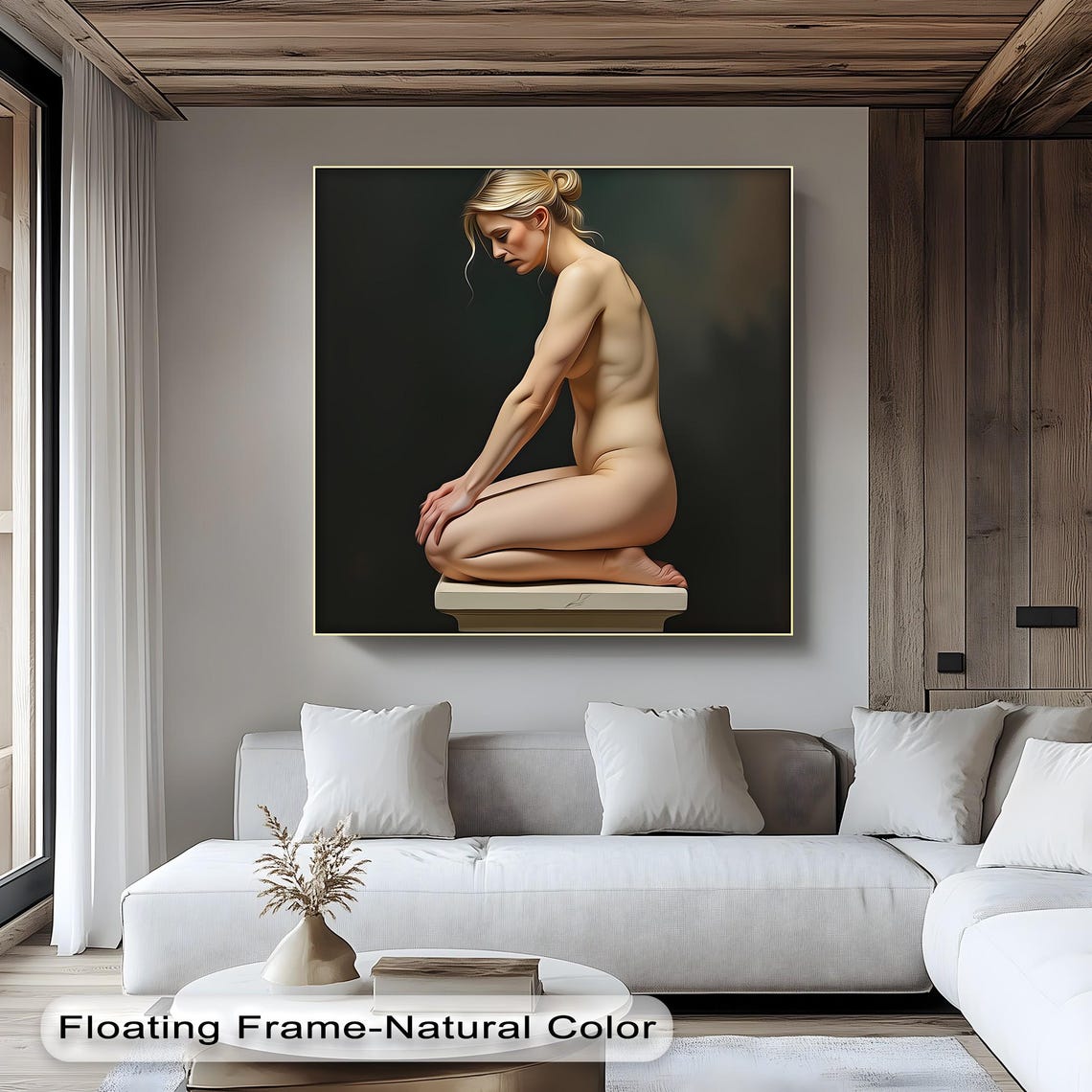 Classical Nude Woman On Pedestal Dark Background Canvas Wall Art Vertical Figurative Artwork With Black Floating Frame