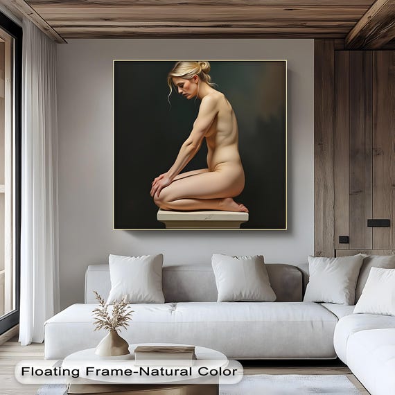 Classical Nude Woman On Pedestal Dark Background Canvas Wall Art Vertical Figurative Artwork With Black Floating Frame