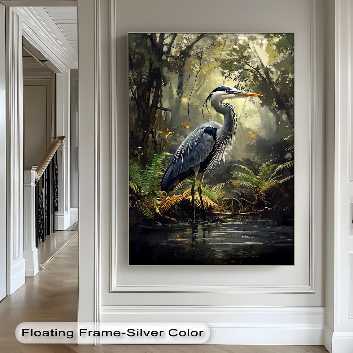 Blue Heron Misty Forest Canvas Print Wildlife Bird In Dark Water Art