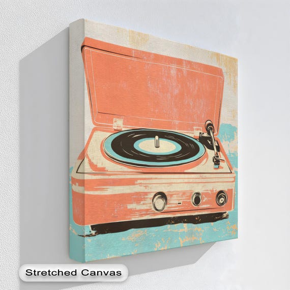 Retro Turntable Canvas Art Vintage Record Player Print In Natural Frame