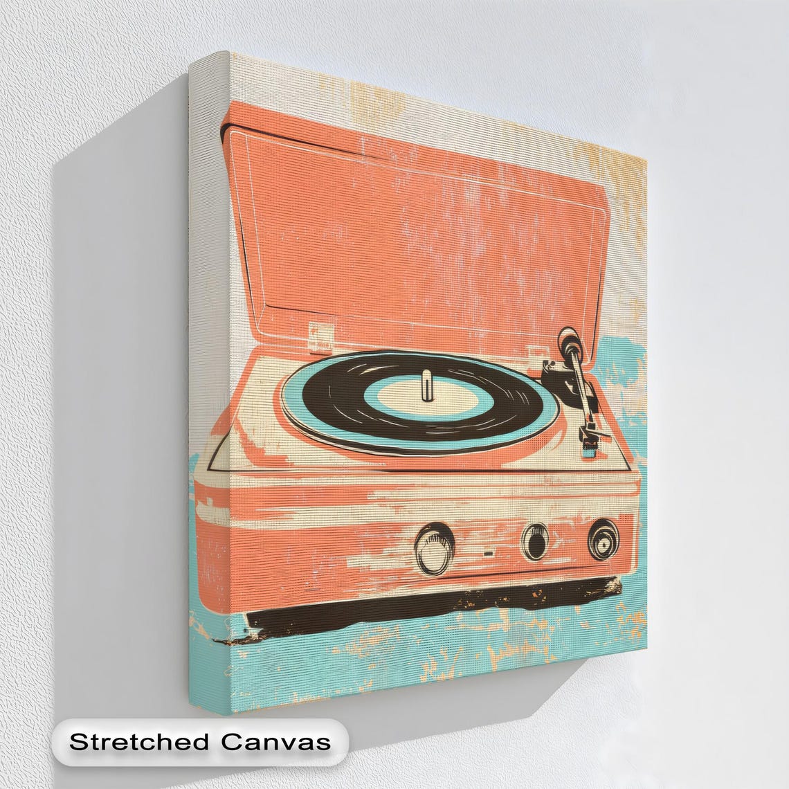 Retro Coral Record Player Turntable Pop Art Music Room Poster