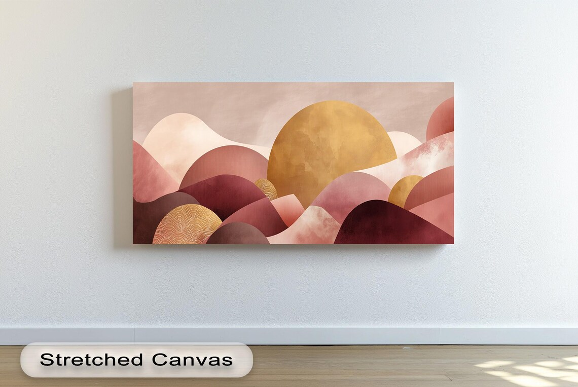 Abstract Sunset Canvas Wall Art Pink Gold Panoramic Landscape With White Frame